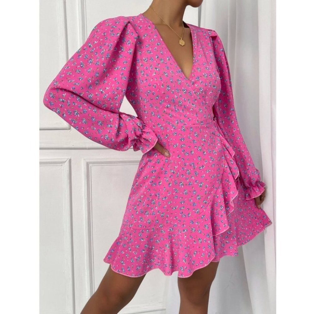 Pink Boho Ditsy Floral Flounce Long Sleeve Knot Side Mini Dress - Picture 6 of 6